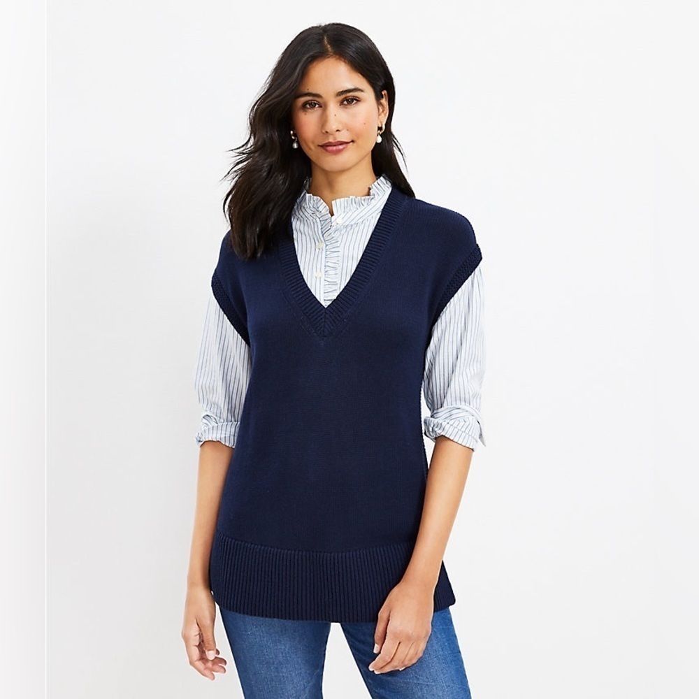LOFT Striped Ruffle Mixed Media
Tunic Sweater
$74.95 $39
